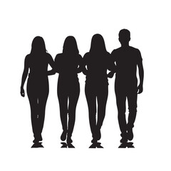 Group of four young adults walking together arms linked forward view black silhouette vector illustration isolated on white background depicting friendship unity and companionship