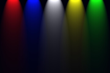 Colorful stage spotlight background featuring red, blue, white, yellow, and green beams on dark backdrop. Ideal for concert, performance, presentation, poster, or digital banner design uses.