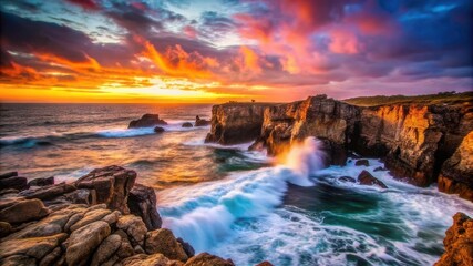 Fototapeta premium Dramatic sunset over rugged coastal cliffs with crashing waves, showcasing vibrant orange and pink hues in the sky and sea