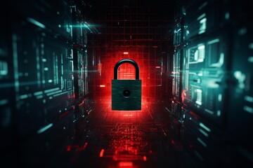 Closed padlock securing data inside server room, ensuring online safety and protection against cyber threats