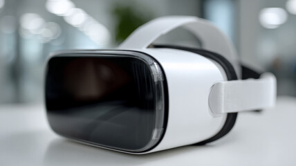 Close-up of a modern VR headset on a blurred background.