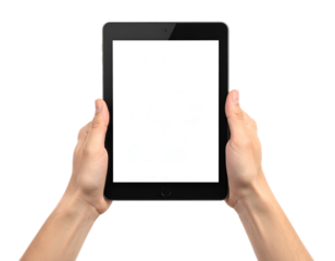 Human hands holding a rectangular, black electronic device with a blank, white screen