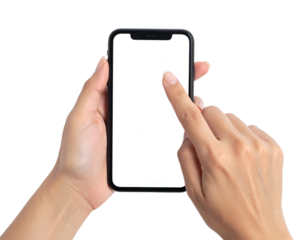 Close-up view of hands holding a smartphone with white screen and tapping action