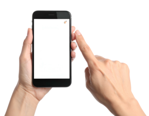 Close-up view of two hands holding a sleek black smartphone with blank white screen