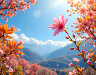 A panoramic vista of a dreamscape awash in brilliant amber hues and morning radiance features a single, delicate pink blossom, rendered as a simple floral illustration embodying spring and renewal