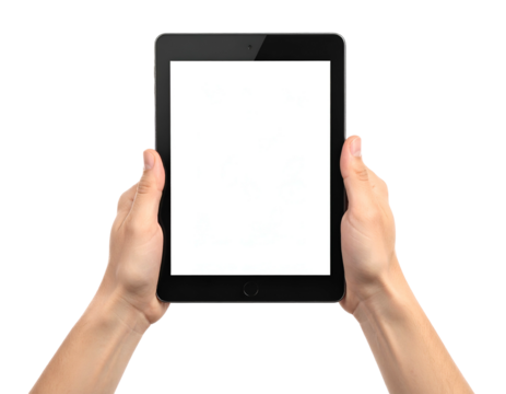 Human hands holding a rectangular, black electronic device with a blank, white screen