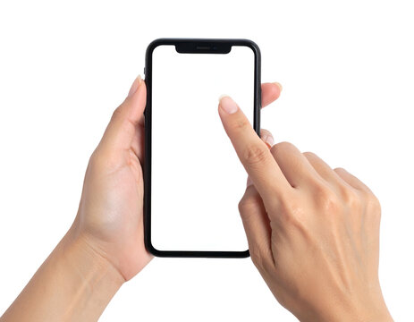 Close-up view of hands holding a smartphone with white screen and tapping action