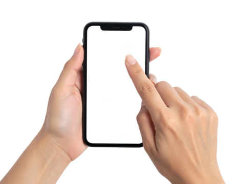 Close-up view of hands holding a smartphone with white screen and tapping action - Powered by Adobe