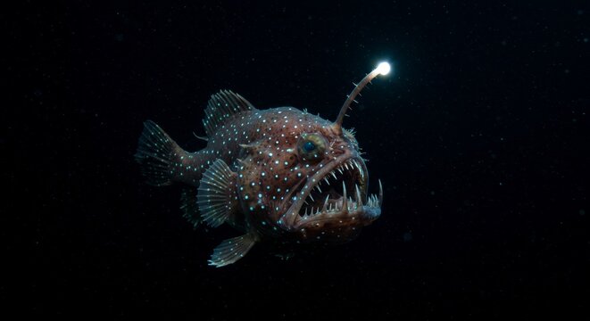 Deep-Sea Anglerfish Portrait with Bioluminescent Lure in Black Water