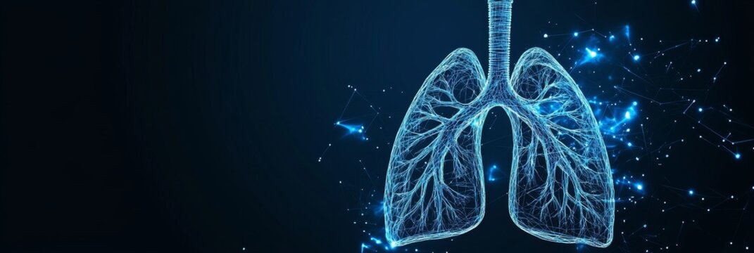 Futuristic Digital Illustration of a Pulmonary System with Artificial Lungs on Dark Blue Background - Powered by Adobe