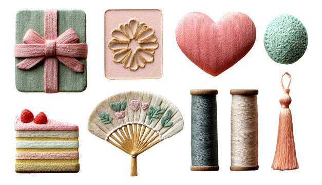 Colorful Embroidered Craft Collection with Various Objects on Transparent Background