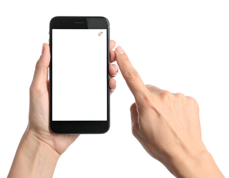 Close-up view of two hands holding a sleek black smartphone with blank white screen - Powered by Adobe