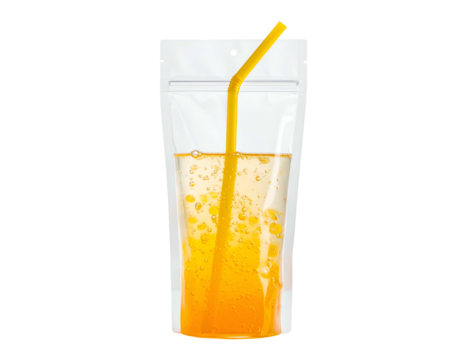 Transparent pouch filled with orange liquid and a yellow straw, against a black background