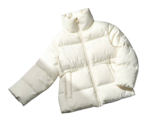 Fluffy cream-colored winter jacket with a high collar against a black background