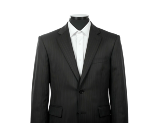 Formal black suit with a crisp white shirt, displayed on a mannequin