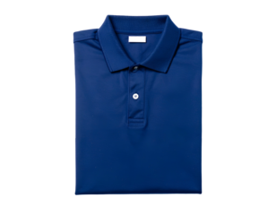 Folded indigo polo shirt on plain black background, showing details of collar, buttons, and texture
