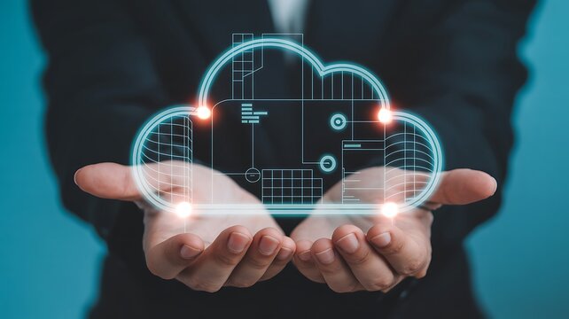 Hands holding a glowing futuristic digital cloud interface representing cloud computing and data storage solutions