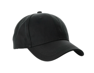 A close-up view shows a solid black, baseball-style cap with a curved bill and adjustable strap
