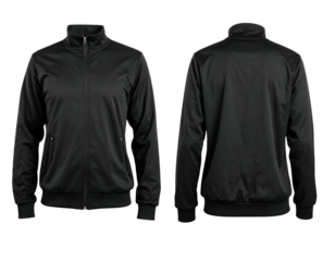 Two views of a dark, full-zip jacket; front and back presentation, isolated on black