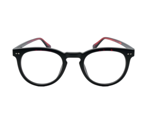 Black frame eyeglasses with red accents, presented against a stark black background