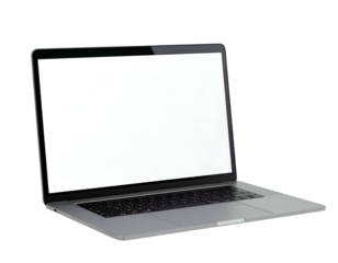 A modern silver laptop with a blank white screen, angled on a transparent background