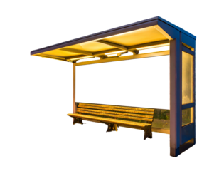 Illuminated bus shelter featuring a bench, blank display, and translucent side panels