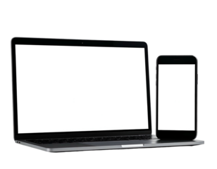 Electronic devices on black, a laptop with white screen and smartphone