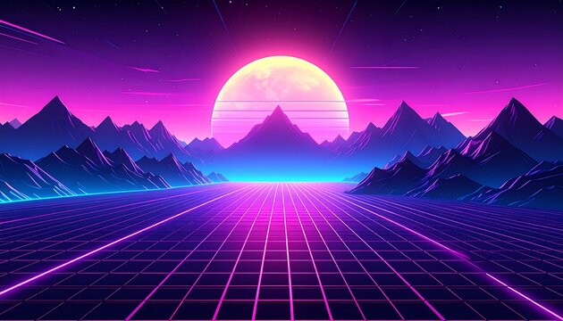 Synthwave landscape with neon grid, mountains, and a giant sun in the sky - Powered by Adobe