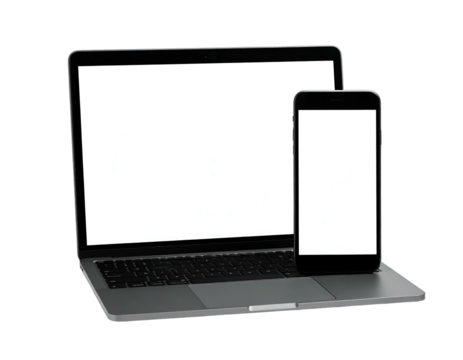Laptop and smartphone mockup with white screens, isolated on a black background