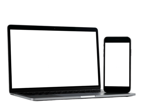 Electronic devices on black, a laptop with white screen and smartphone