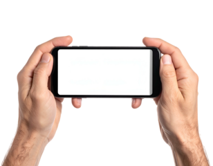 Two hands holding a blank smartphone, displayed horizontally against a black background