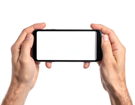 Two hands holding a blank smartphone, displayed horizontally against a black background