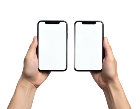 Two hand-held devices with blank screens, held against a solid black background