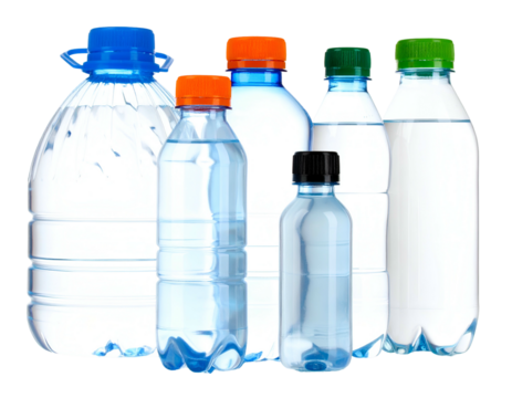 Assortment of transparent plastic water bottles, various sizes and cap colors, on black background