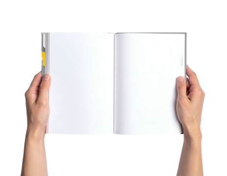 Two hands holding open a blank book, showing a yellow page marker
