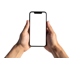 Person holding a smartphone with a bright white blank screen against a black background