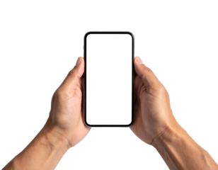 A pair of hands carefully holding a modern smartphone with a blank, bright white screen