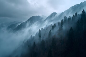 Ethereal Mountain Range Covered in Morning Mist