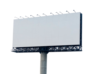 A large, blank rectangular display billboard stands tall on a concrete pillar against a dark backdrop