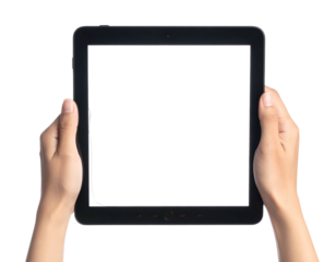 Two hands holding a digital tablet with a blank black screen against a plain white backdrop