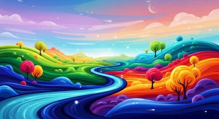 Whimsical fantasy landscape with a vibrant, colorful river winding through rolling hills under a dreamy sky.