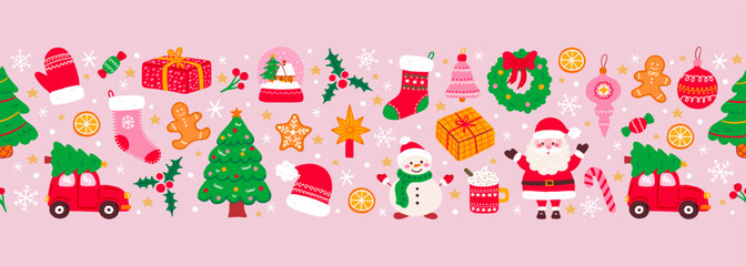 Christmas seamless border hand drawn elements. Cute holiday Xmas graphic icons. Santa Claus, Christmas tree, gift boxes, baubles, bow, candle, candy. Vector flat illustration, background