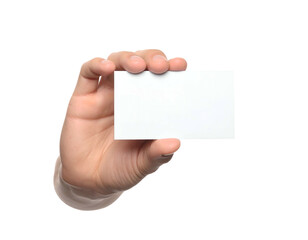 A hand holds up a blank white rectangular card on a black background