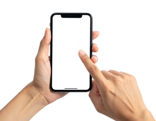Woman's hands holding a sleek smartphone with a bright screen on a transparent backdrop