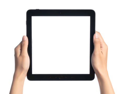 Two hands holding a digital tablet with a blank black screen against a plain white backdrop