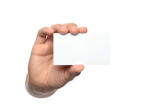 A hand holds up a blank white rectangular card on a black background - Powered by Adobe