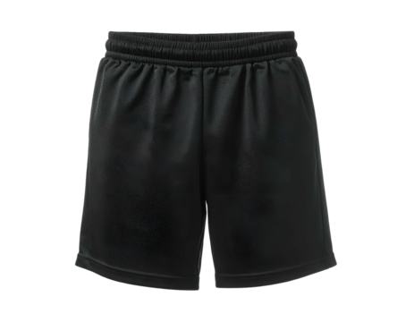 Black mesh athletic shorts isolated on black background, waist band and pockets