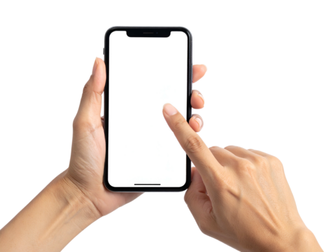 Woman's hands holding a sleek smartphone with a bright screen on a transparent backdrop - Powered by Adobe