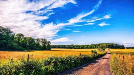 Fototapeta premium A dirt road winds through a golden wheat field under a vibrant blue sky with wispy clouds, leading towards distant trees and hills