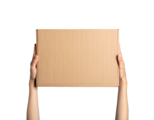 A person holds up a plain, brown rectangular cardboard box against a black background